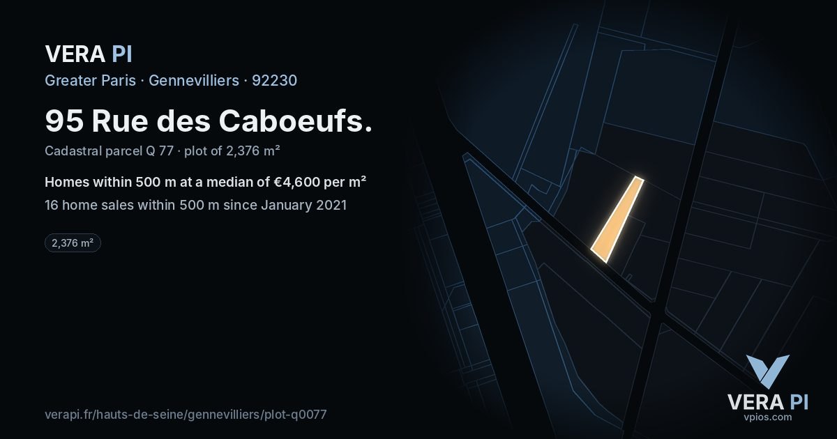 95 Rue des Caboeufs, Gennevilliers at night – the plot lit, the parcels around coloured by the prices near them