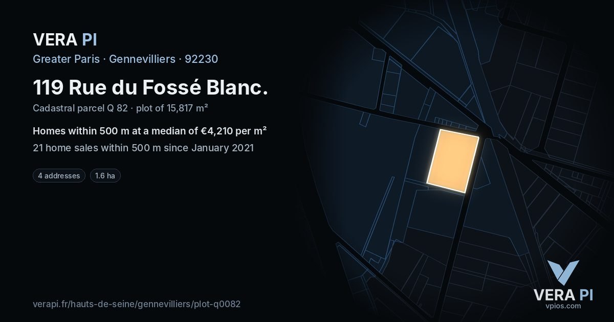 119 Rue du Fossé Blanc, Gennevilliers at night – the plot lit, the parcels around coloured by the prices near them