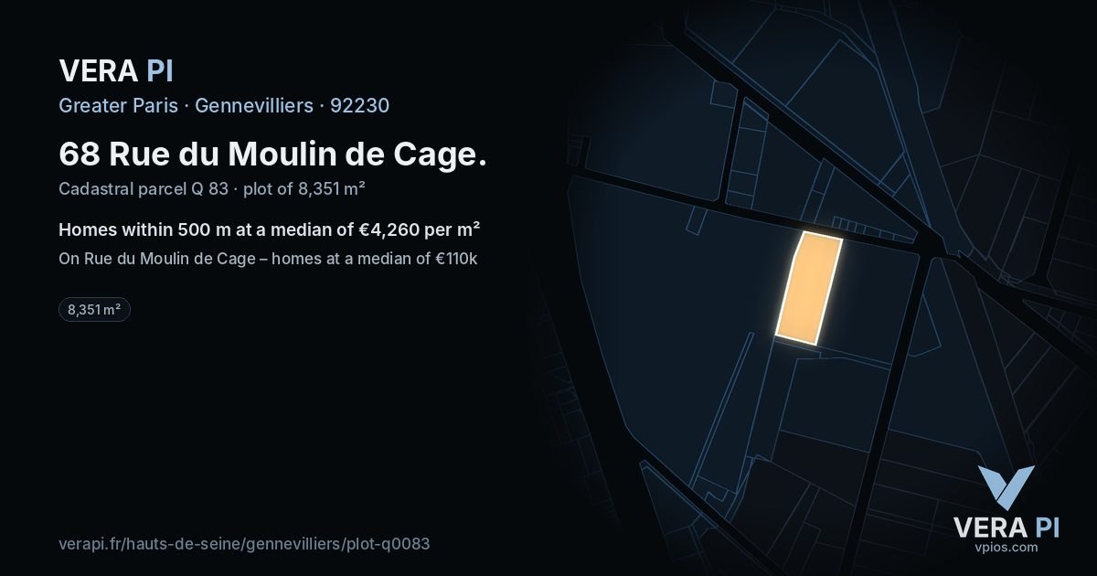 68 Rue du Moulin de Cage, Gennevilliers at night – the plot lit, the parcels around coloured by the prices near them