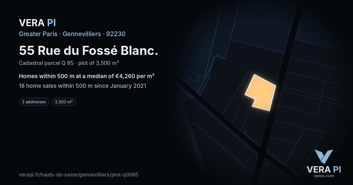 55 Rue du Fossé Blanc, Gennevilliers at night – the plot lit, the parcels around coloured by the prices near them