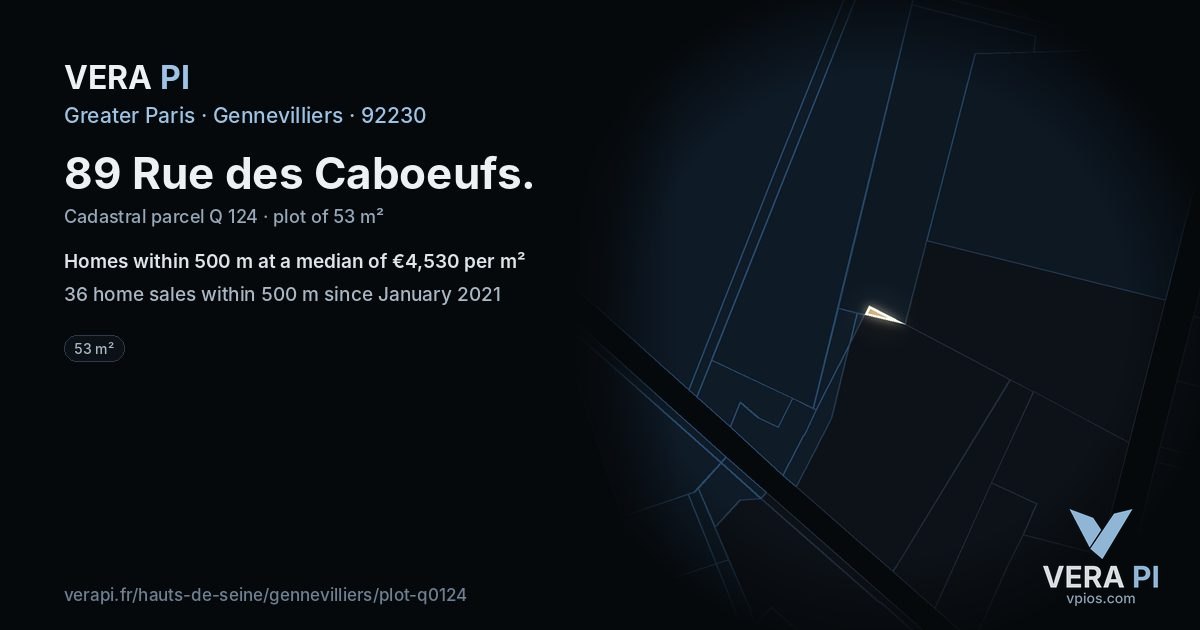 89 Rue des Caboeufs, Gennevilliers at night – the plot lit, the parcels around coloured by the prices near them