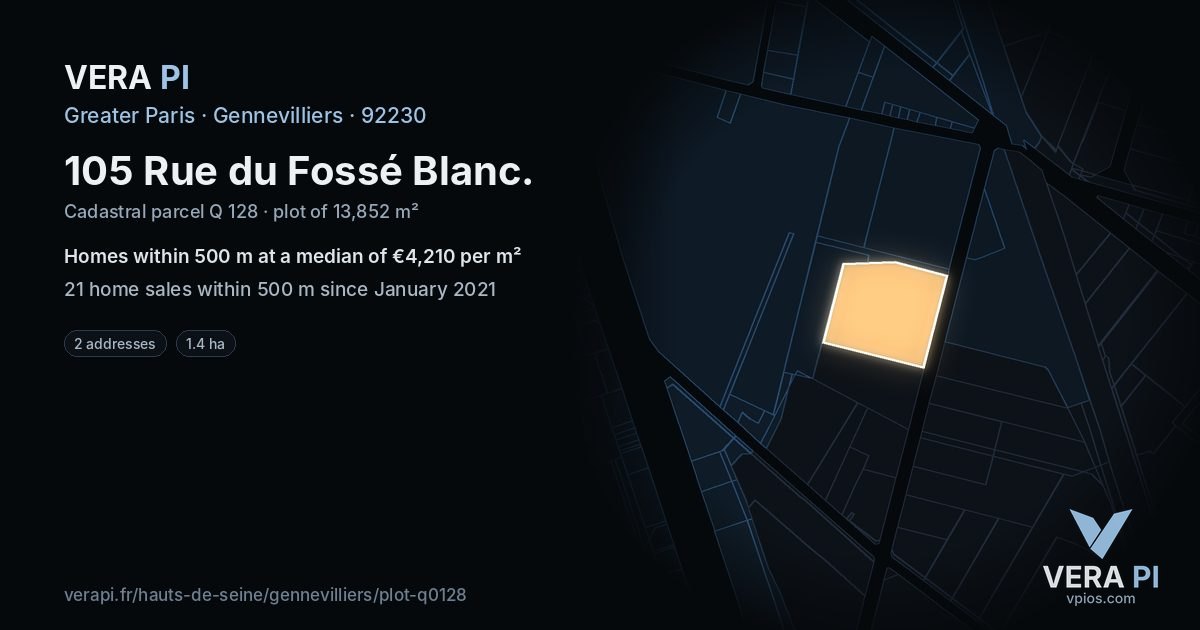 105 Rue du Fossé Blanc, Gennevilliers at night – the plot lit, the parcels around coloured by the prices near them