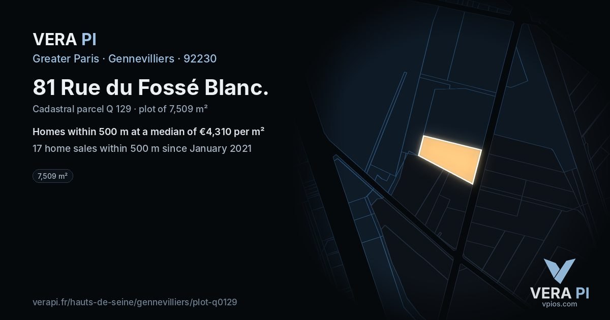 81 Rue du Fossé Blanc, Gennevilliers at night – the plot lit, the parcels around coloured by the prices near them