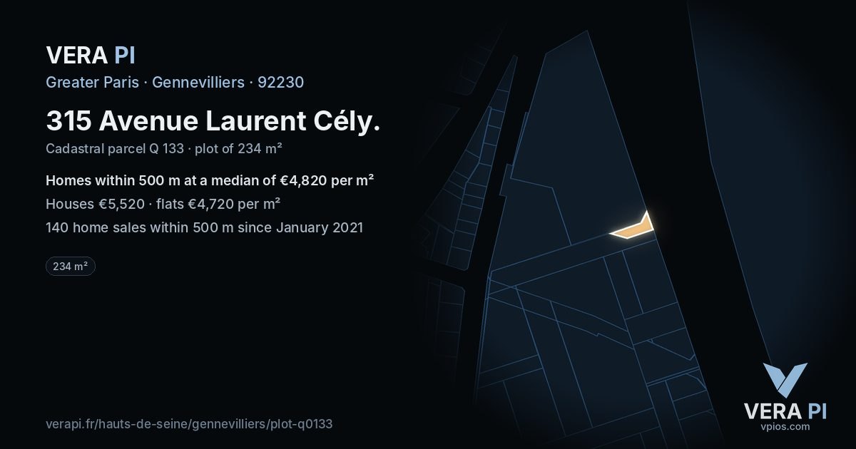 315 Avenue Laurent Cély, Gennevilliers at night – the plot lit, the parcels around coloured by the prices near them