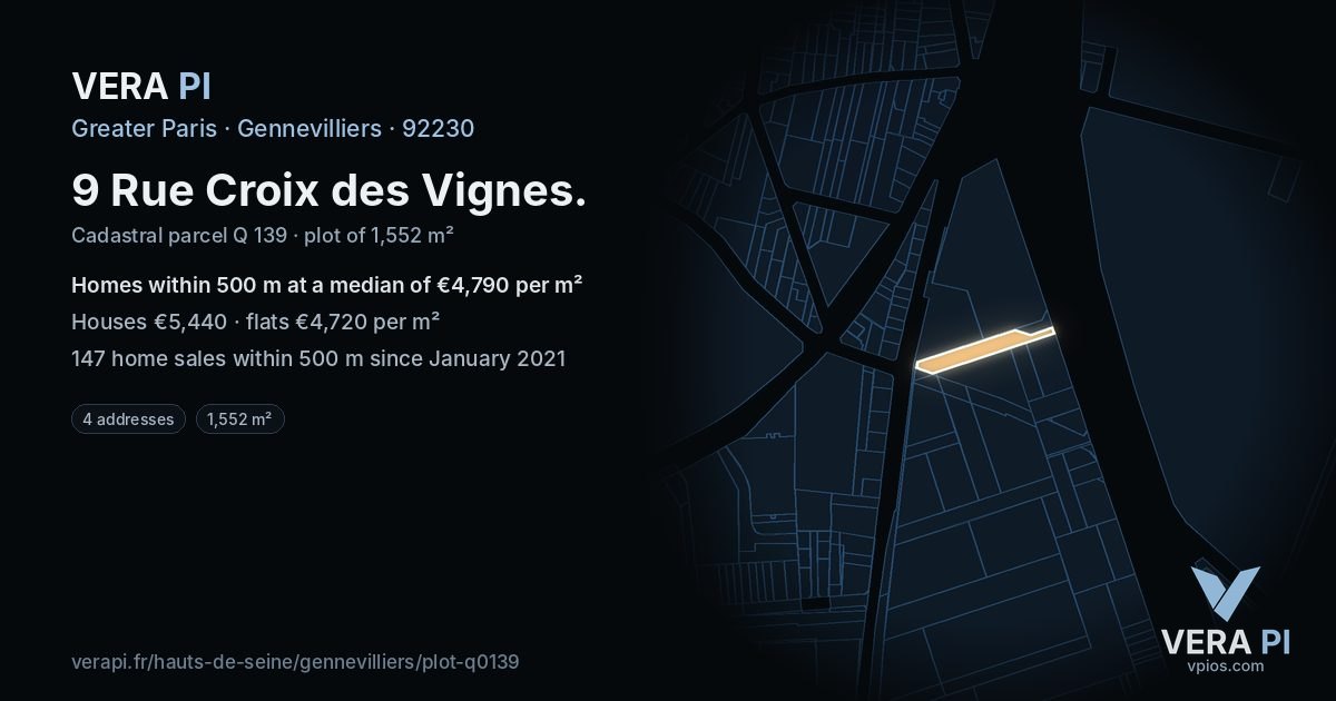 9 Rue Croix des Vignes, Gennevilliers at night – the plot lit, the parcels around coloured by the prices near them