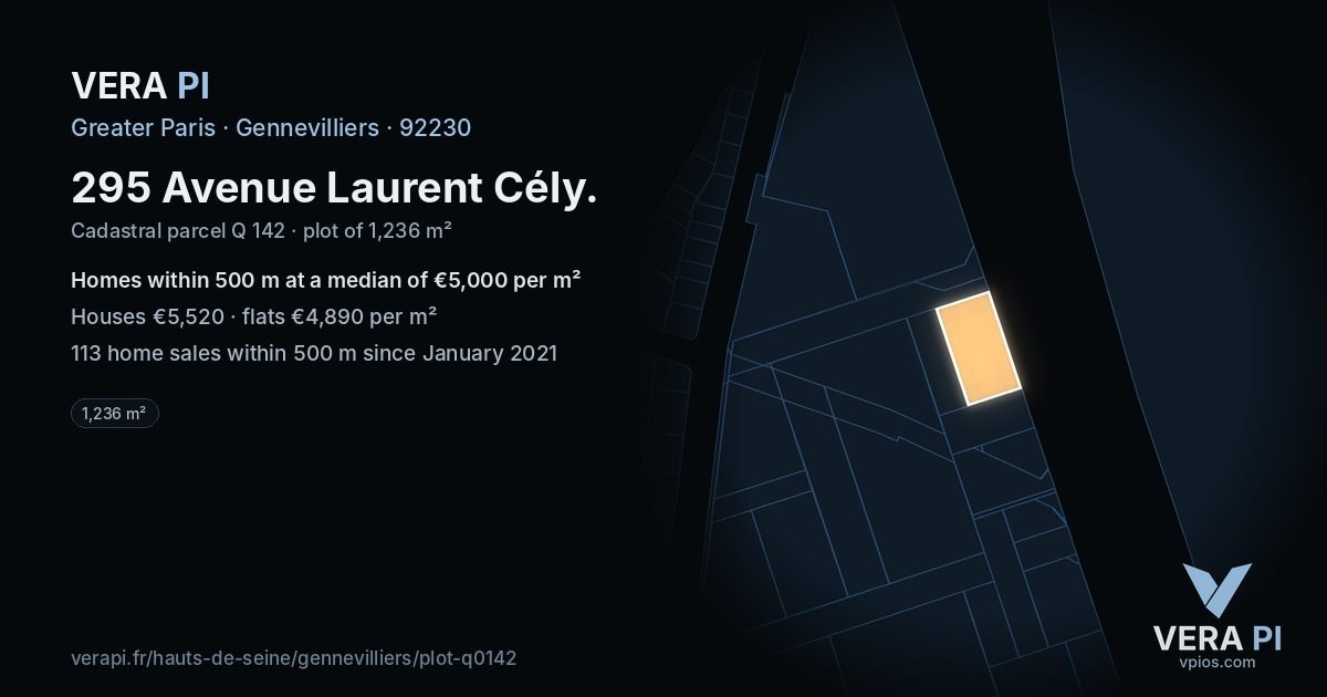295 Avenue Laurent Cély, Gennevilliers at night – the plot lit, the parcels around coloured by the prices near them