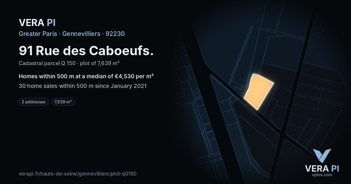 91 Rue des Caboeufs, Gennevilliers at night – the plot lit, the parcels around coloured by the prices near them