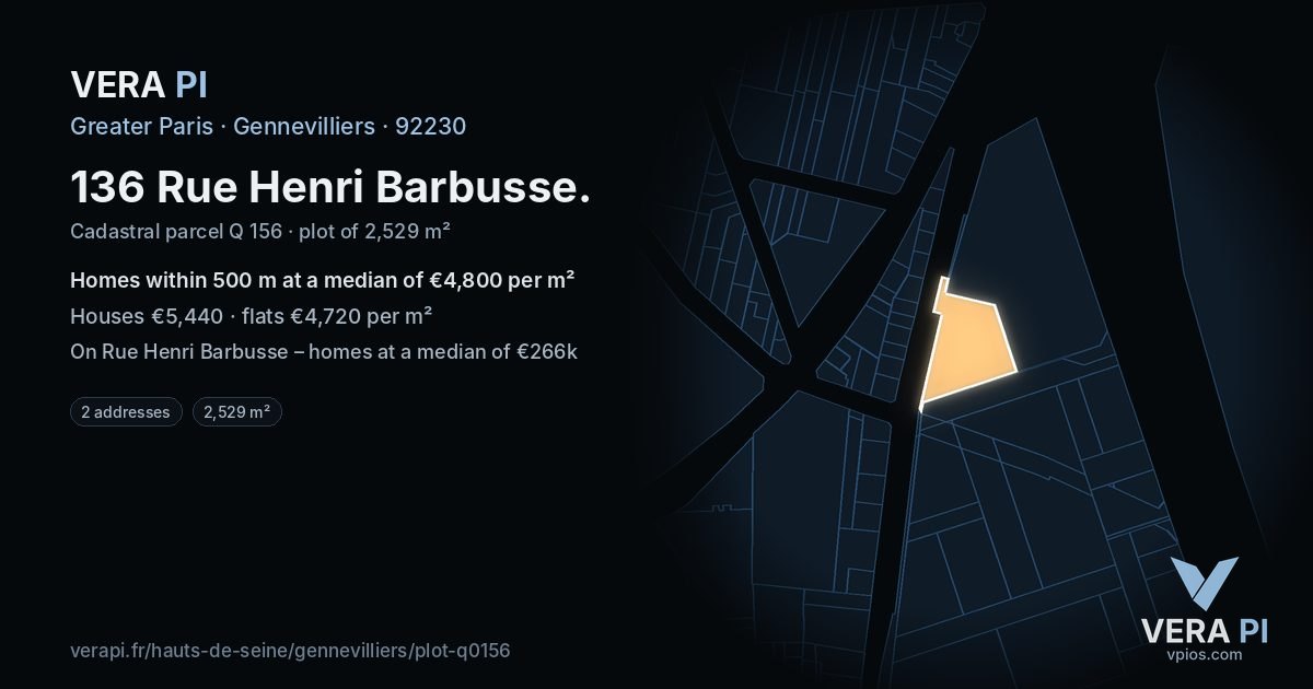 136 Rue Henri Barbusse, Gennevilliers at night – the plot lit, the parcels around coloured by the prices near them