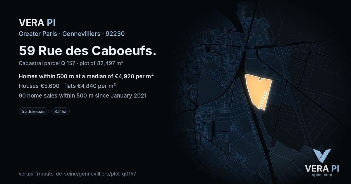 59 Rue des Caboeufs, Gennevilliers at night – the plot lit, the parcels around coloured by the prices near them