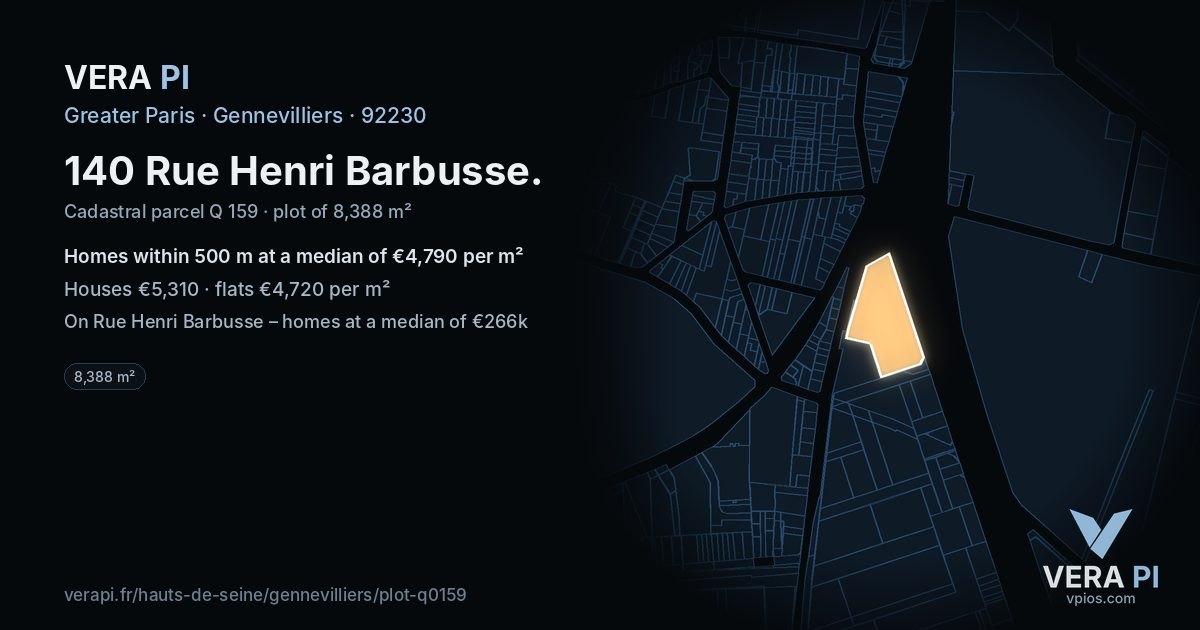 140 Rue Henri Barbusse, Gennevilliers at night – the plot lit, the parcels around coloured by the prices near them