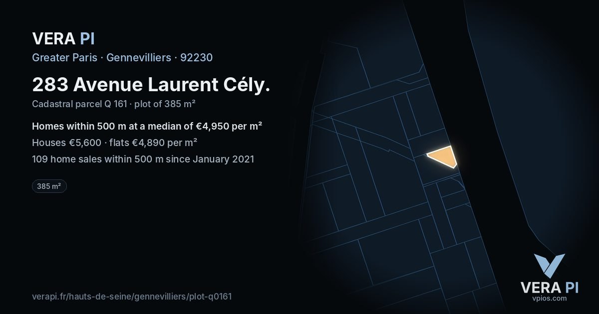 283 Avenue Laurent Cély, Gennevilliers at night – the plot lit, the parcels around coloured by the prices near them