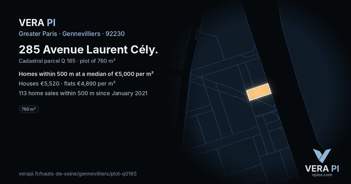 285 Avenue Laurent Cély, Gennevilliers at night – the plot lit, the parcels around coloured by the prices near them