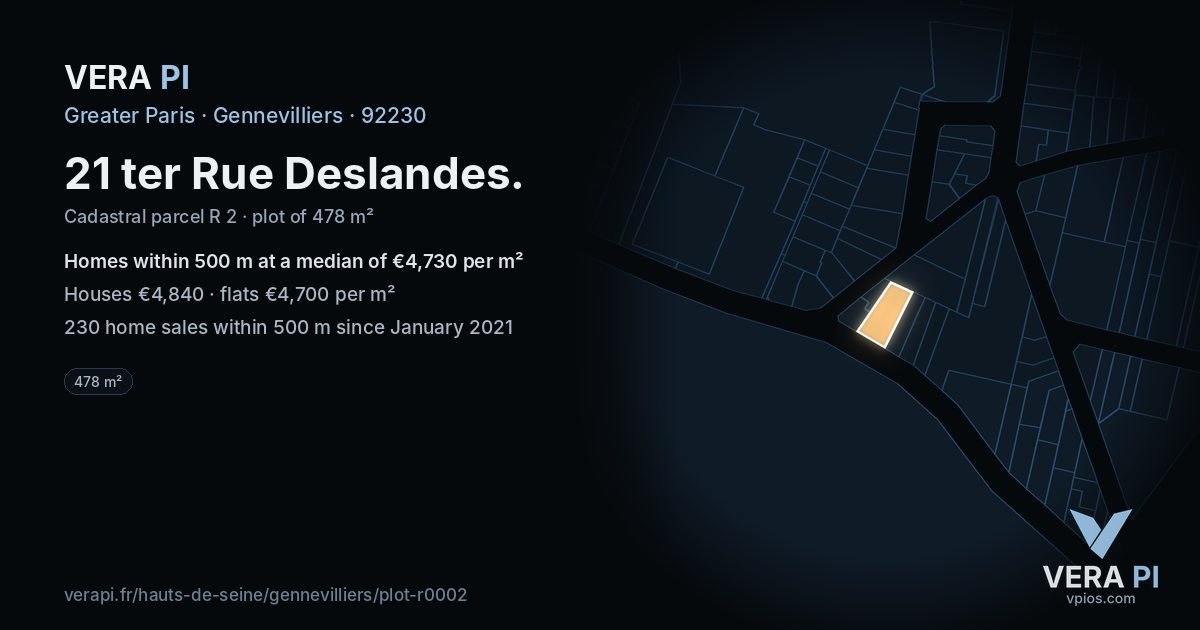 21 ter Rue Deslandes, Gennevilliers at night – the plot lit, the parcels around coloured by the prices near them