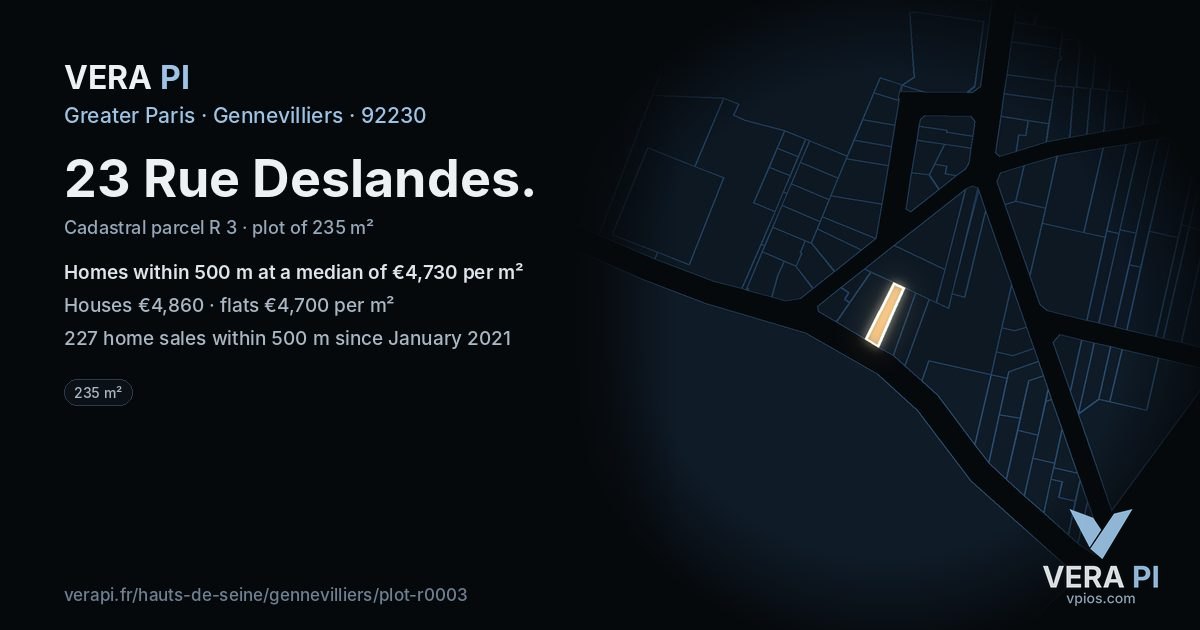 23 Rue Deslandes, Gennevilliers at night – the plot lit, the parcels around coloured by the prices near them