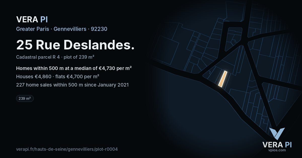 25 Rue Deslandes, Gennevilliers at night – the plot lit, the parcels around coloured by the prices near them
