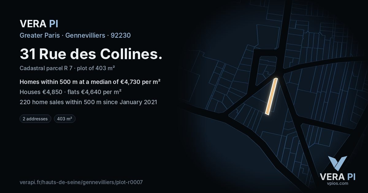 31 Rue des Collines, Gennevilliers at night – the plot lit, the parcels around coloured by the prices near them