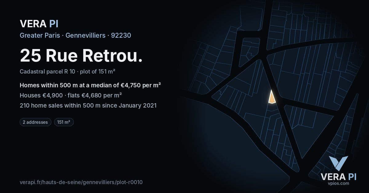 25 Rue Retrou, Gennevilliers at night – the plot lit, the parcels around coloured by the prices near them