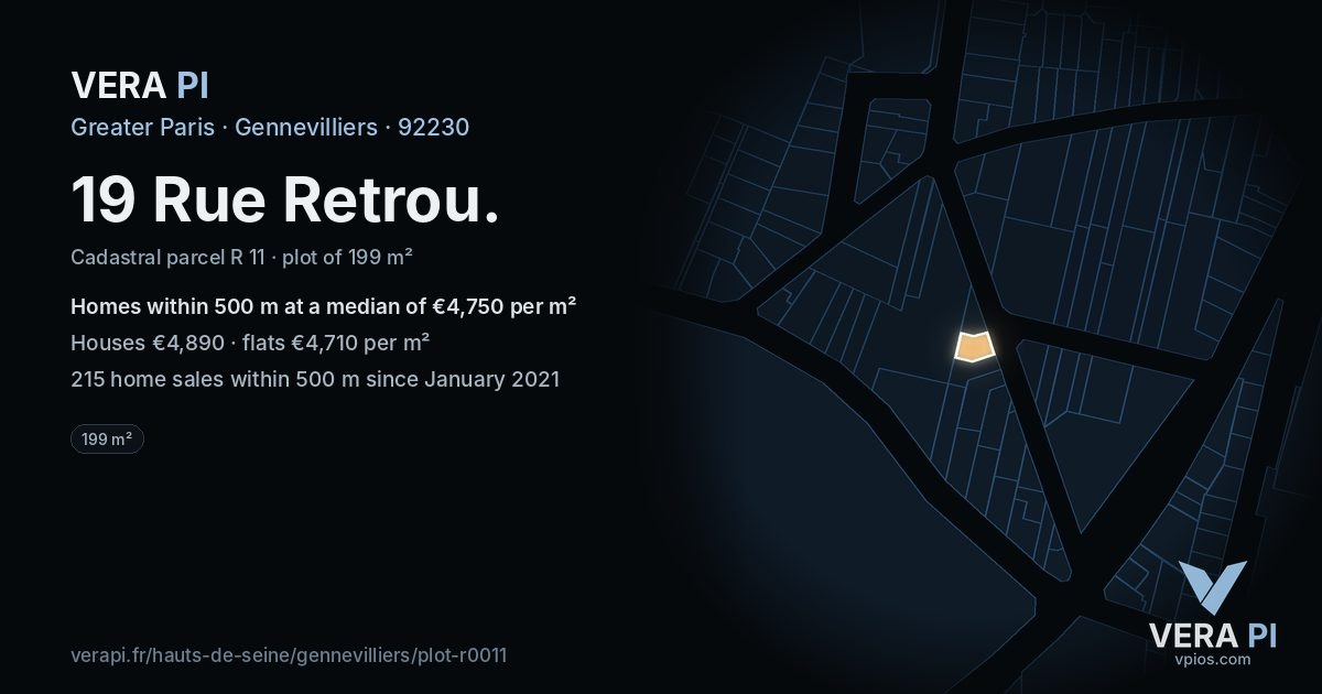 19 Rue Retrou, Gennevilliers at night – the plot lit, the parcels around coloured by the prices near them