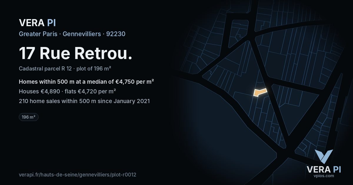 17 Rue Retrou, Gennevilliers at night – the plot lit, the parcels around coloured by the prices near them