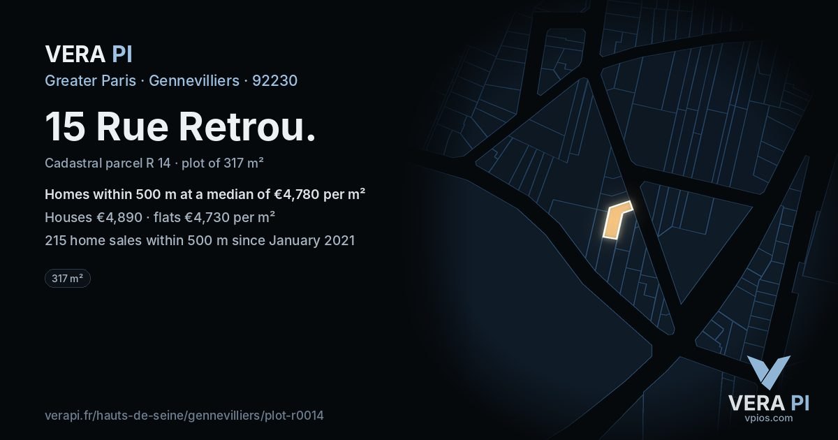15 Rue Retrou, Gennevilliers at night – the plot lit, the parcels around coloured by the prices near them