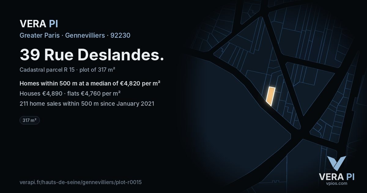 39 Rue Deslandes, Gennevilliers at night – the plot lit, the parcels around coloured by the prices near them