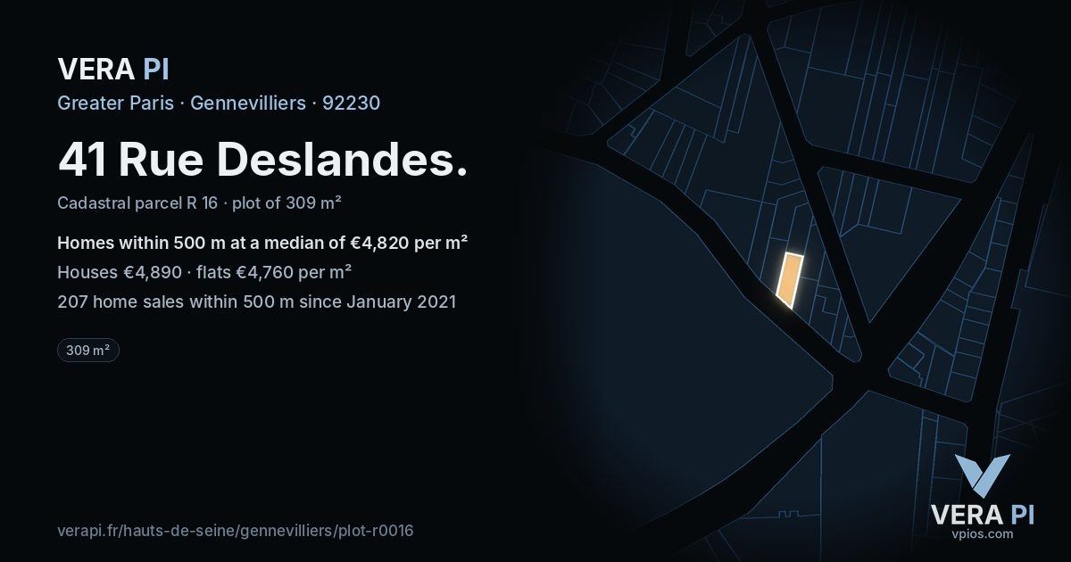 41 Rue Deslandes, Gennevilliers at night – the plot lit, the parcels around coloured by the prices near them