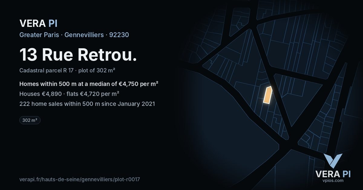 13 Rue Retrou, Gennevilliers at night – the plot lit, the parcels around coloured by the prices near them