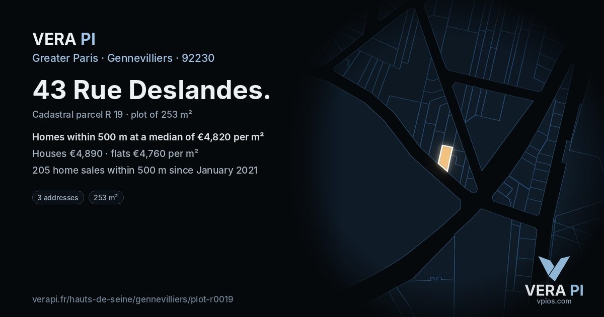 43 Rue Deslandes, Gennevilliers at night – the plot lit, the parcels around coloured by the prices near them