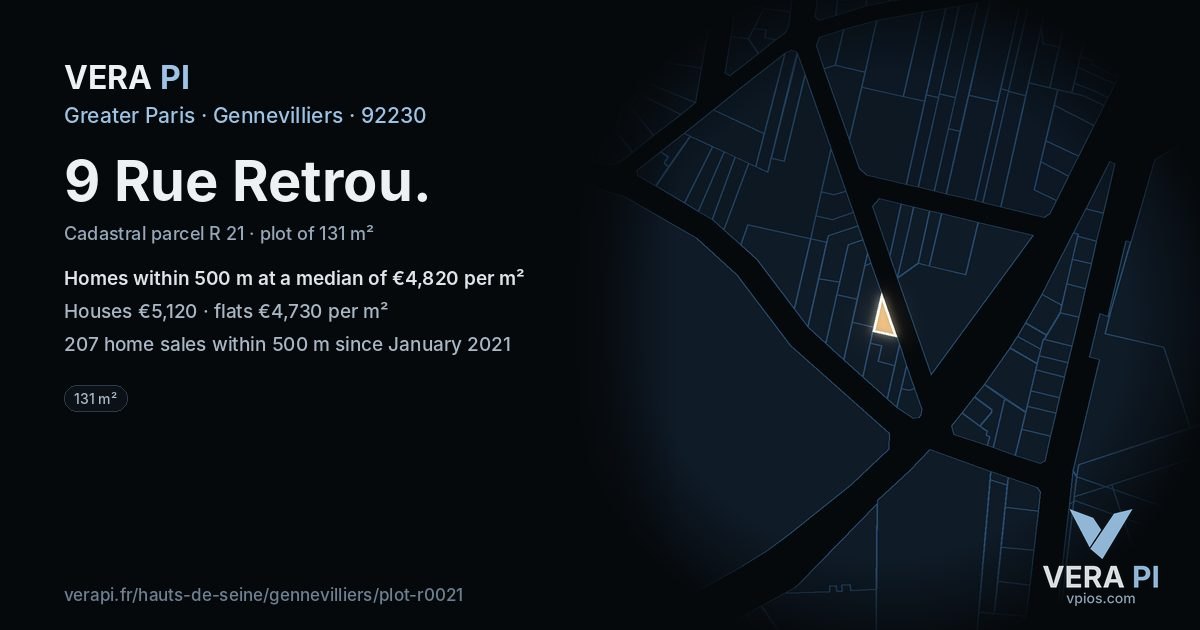 9 Rue Retrou, Gennevilliers at night – the plot lit, the parcels around coloured by the prices near them