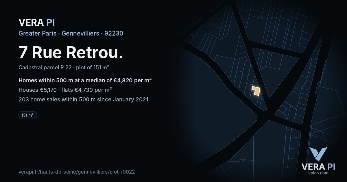 7 Rue Retrou, Gennevilliers at night – the plot lit, the parcels around coloured by the prices near them
