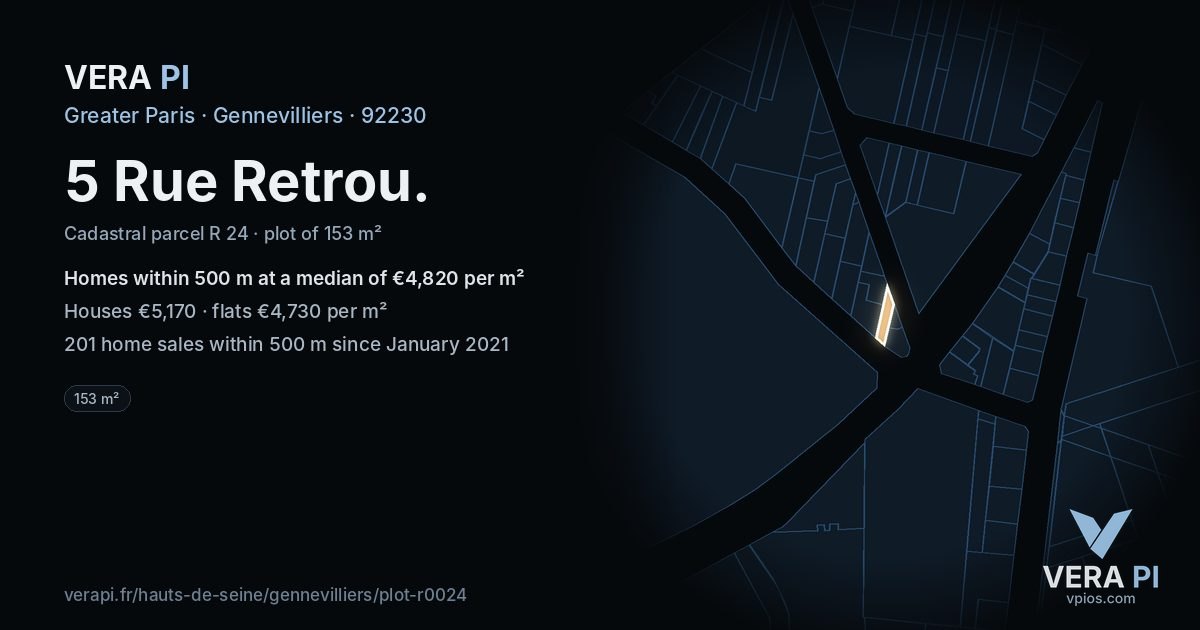 5 Rue Retrou, Gennevilliers at night – the plot lit, the parcels around coloured by the prices near them