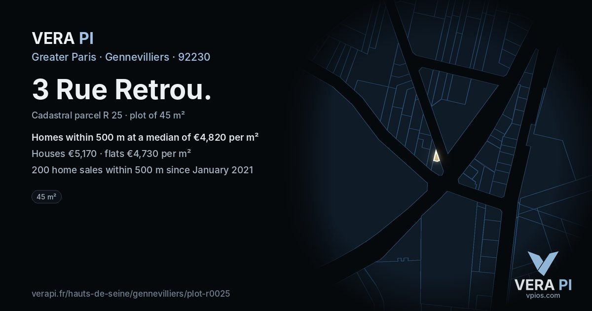 3 Rue Retrou, Gennevilliers at night – the plot lit, the parcels around coloured by the prices near them