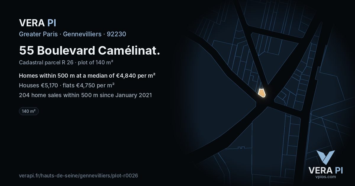 55 Boulevard Camélinat, Gennevilliers at night – the plot lit, the parcels around coloured by the prices near them