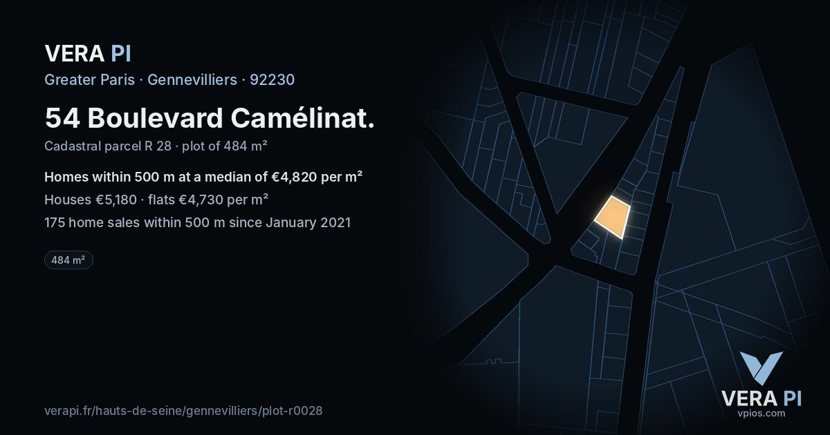 54 Boulevard Camélinat, Gennevilliers at night – the plot lit, the parcels around coloured by the prices near them