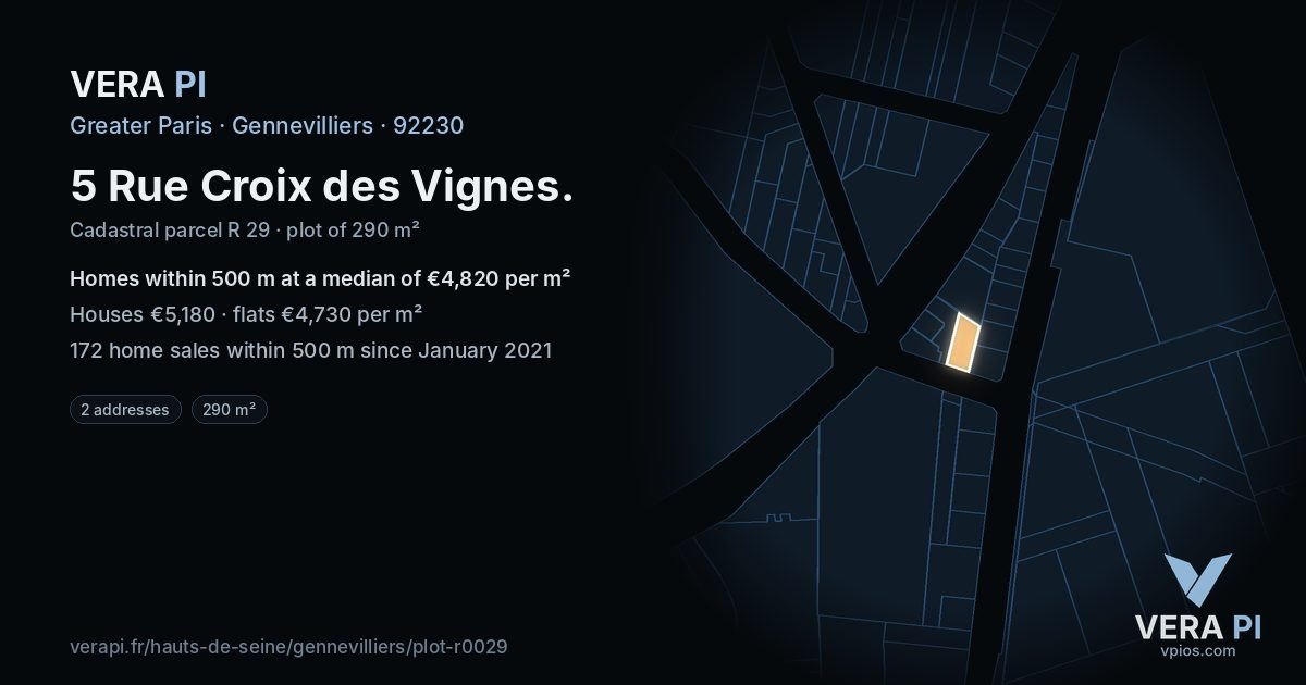 5 Rue Croix des Vignes, Gennevilliers at night – the plot lit, the parcels around coloured by the prices near them
