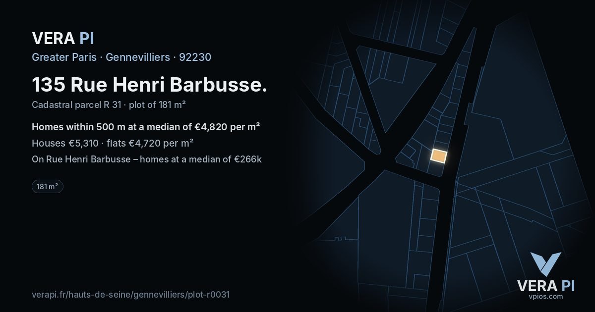 135 Rue Henri Barbusse, Gennevilliers at night – the plot lit, the parcels around coloured by the prices near them