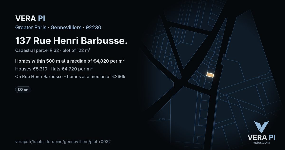 137 Rue Henri Barbusse, Gennevilliers at night – the plot lit, the parcels around coloured by the prices near them