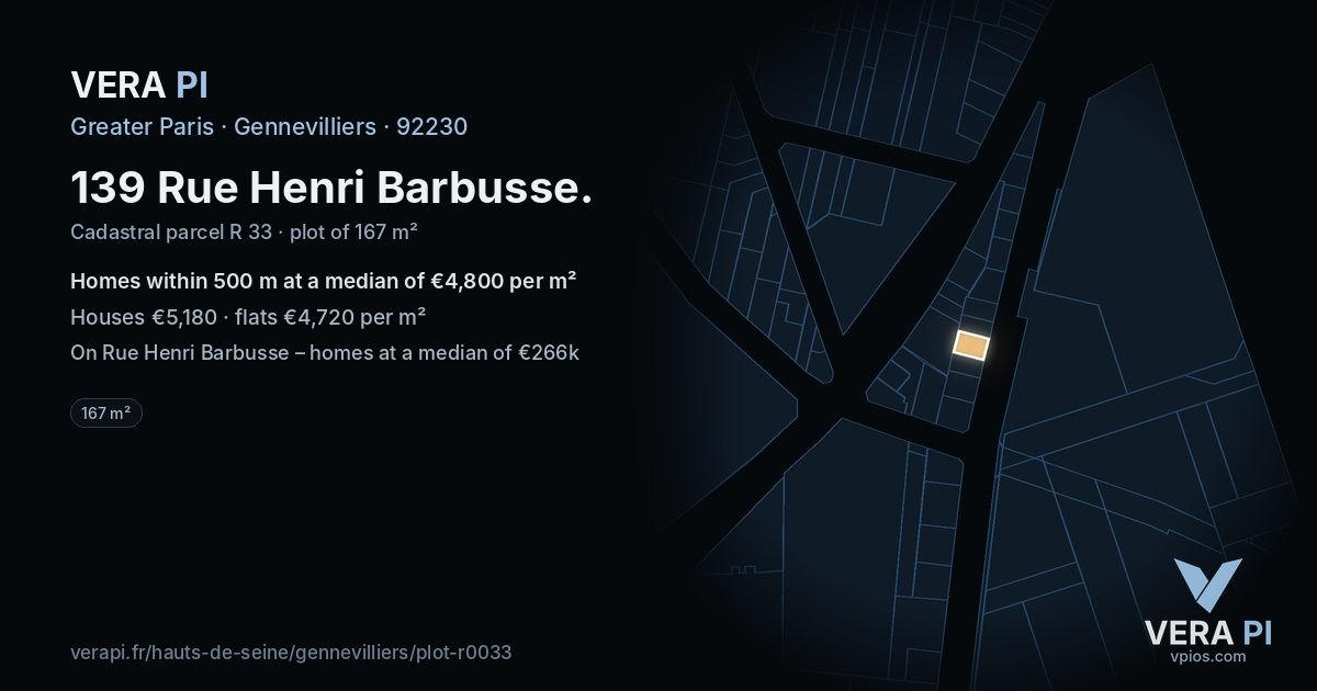 139 Rue Henri Barbusse, Gennevilliers at night – the plot lit, the parcels around coloured by the prices near them