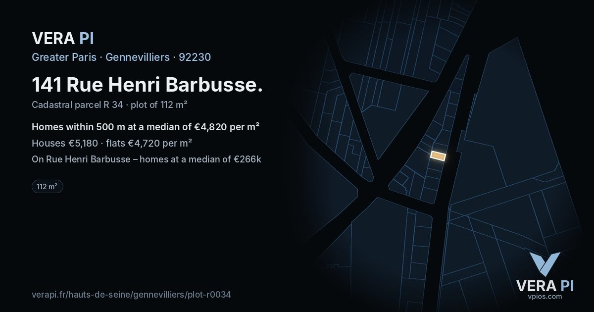 141 Rue Henri Barbusse, Gennevilliers at night – the plot lit, the parcels around coloured by the prices near them