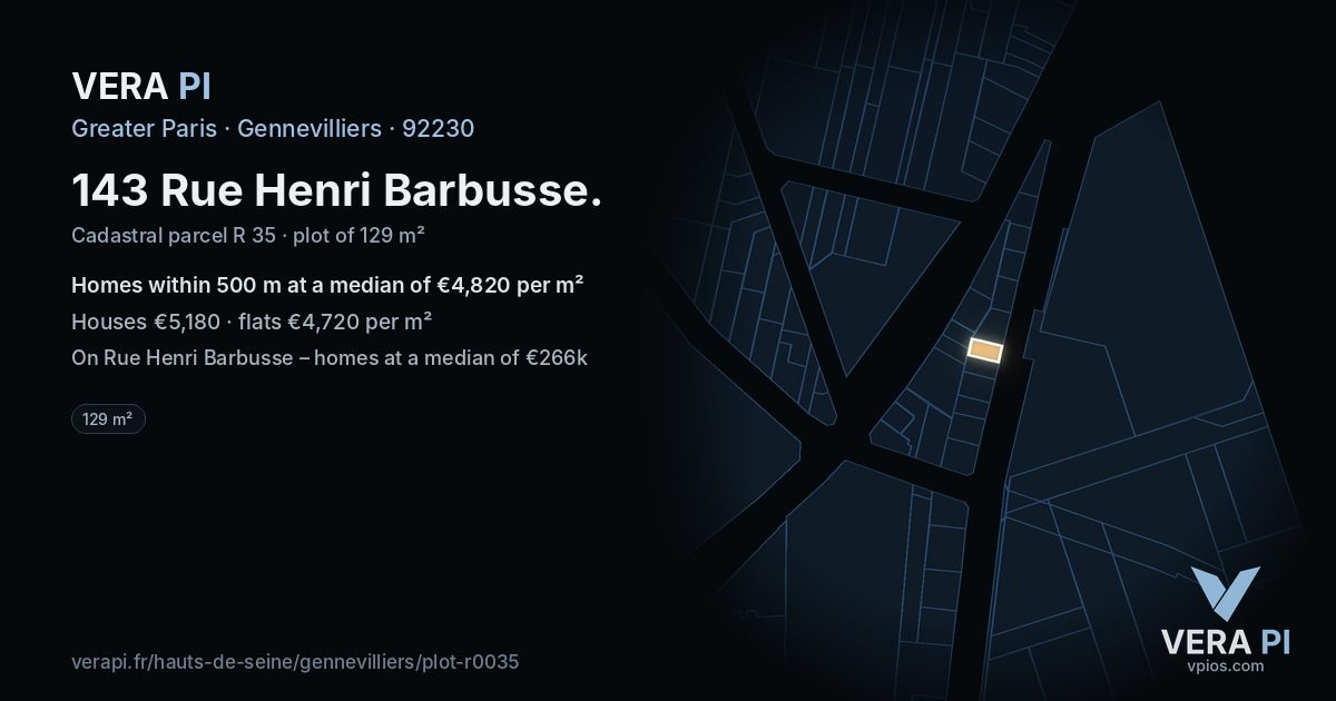 143 Rue Henri Barbusse, Gennevilliers at night – the plot lit, the parcels around coloured by the prices near them