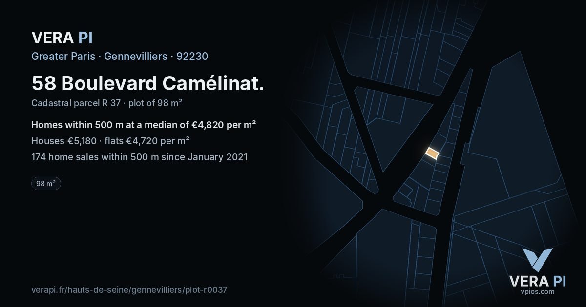 58 Boulevard Camélinat, Gennevilliers at night – the plot lit, the parcels around coloured by the prices near them