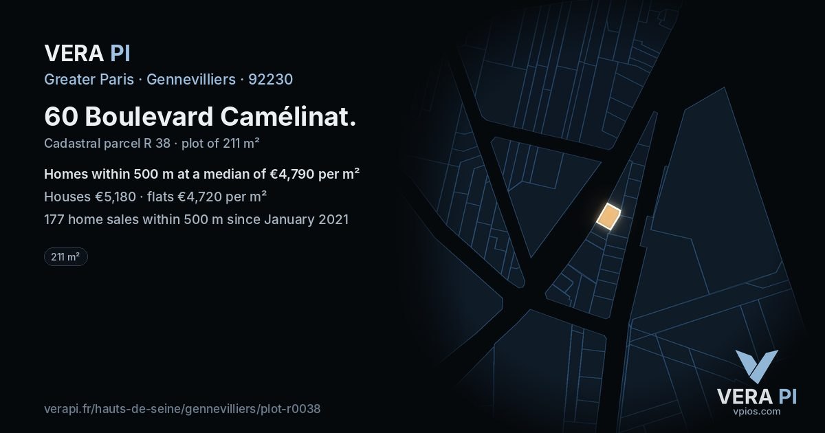 60 Boulevard Camélinat, Gennevilliers at night – the plot lit, the parcels around coloured by the prices near them