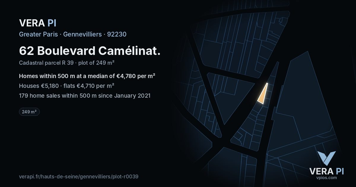 62 Boulevard Camélinat, Gennevilliers at night – the plot lit, the parcels around coloured by the prices near them