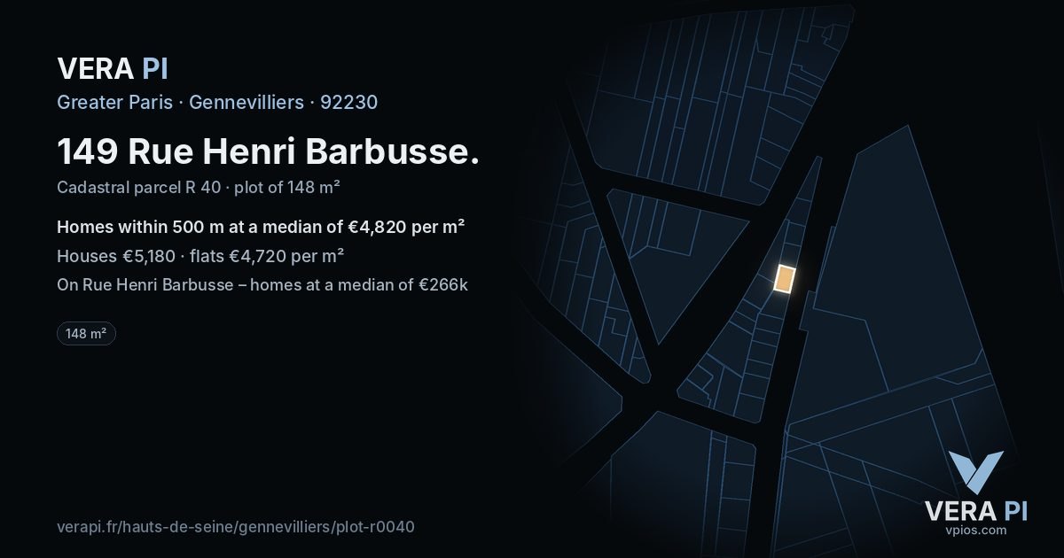 149 Rue Henri Barbusse, Gennevilliers at night – the plot lit, the parcels around coloured by the prices near them
