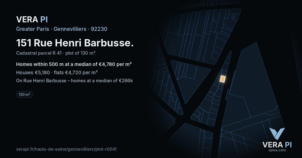 151 Rue Henri Barbusse, Gennevilliers at night – the plot lit, the parcels around coloured by the prices near them