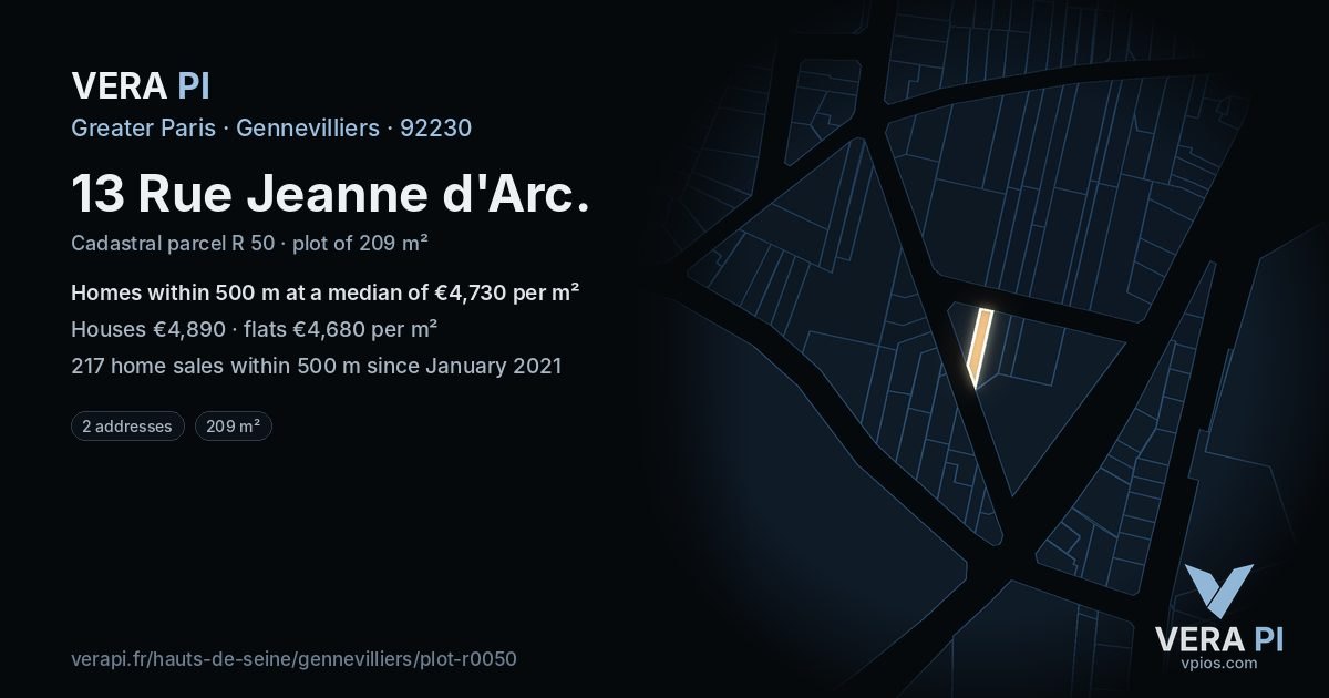 13 Rue Jeanne d'Arc, Gennevilliers at night – the plot lit, the parcels around coloured by the prices near them