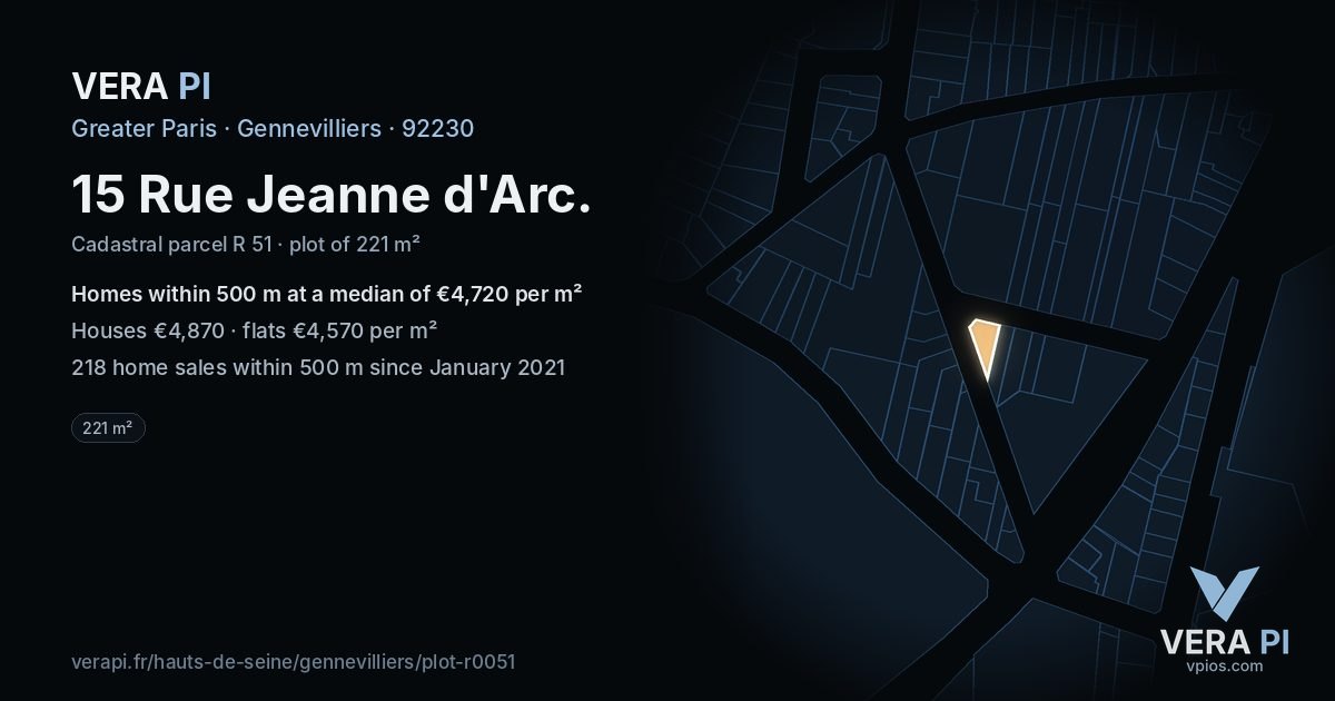 15 Rue Jeanne d'Arc, Gennevilliers at night – the plot lit, the parcels around coloured by the prices near them