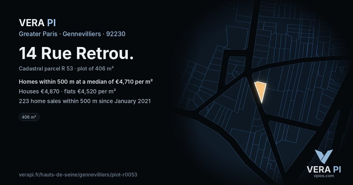 14 Rue Retrou, Gennevilliers at night – the plot lit, the parcels around coloured by the prices near them
