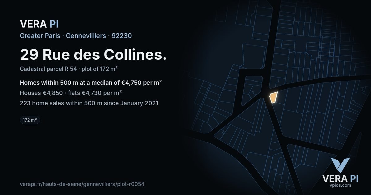 29 Rue des Collines, Gennevilliers at night – the plot lit, the parcels around coloured by the prices near them