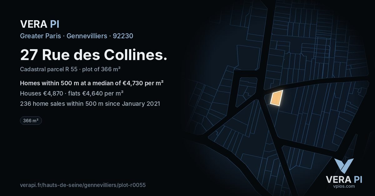 27 Rue des Collines, Gennevilliers at night – the plot lit, the parcels around coloured by the prices near them